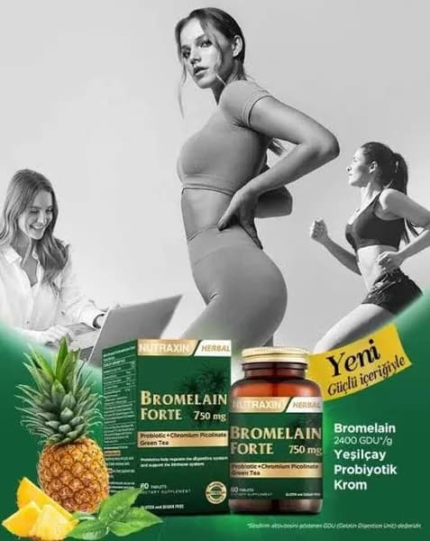 Nutraxin Bromelain Forte 750 мг бромелаина, экстракт зеленого чая, хром и пробиотики. Таблетки для поддержки пищеварения и иммунитета 60 таблеток.