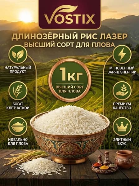 Рис длиннозёрный Лазер для плова Высший сорт 1кг VOSTIX