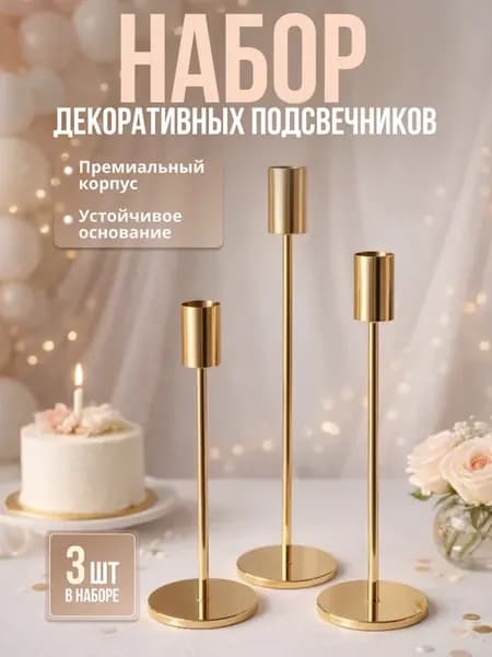 Набор подсвечников 3 шт металлические золотые