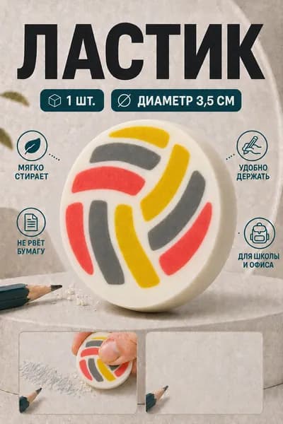 Ластик для школы Волейбольный мяч, фигурная стирательная резинка для карандаша 3,5 см, большой размер 1 шт.