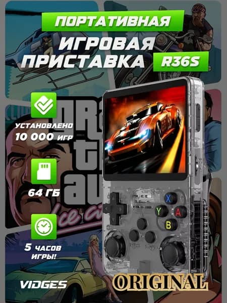 Портативная игровая приставка Vidges R36S для игр PSP, PS1, DreamCast, N64, NDS, NES 64 GB