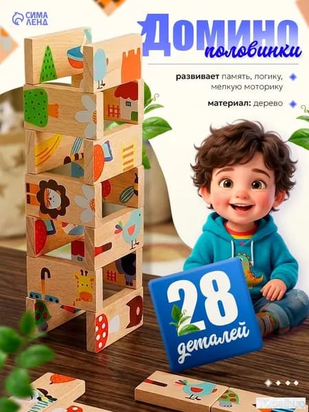 Домино детское деревянное / развивающие игрушки / "Половинки"