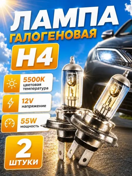 Лампа H4 галогеновая 12V 55W для автомобиля, комплект 2 шт