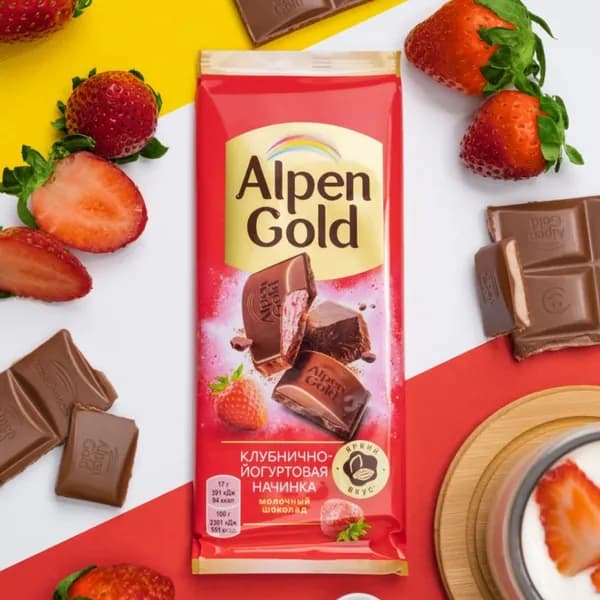 Шоколад Alpen Gold молочный клубника с йогуртом, 80 г х 1 шт.