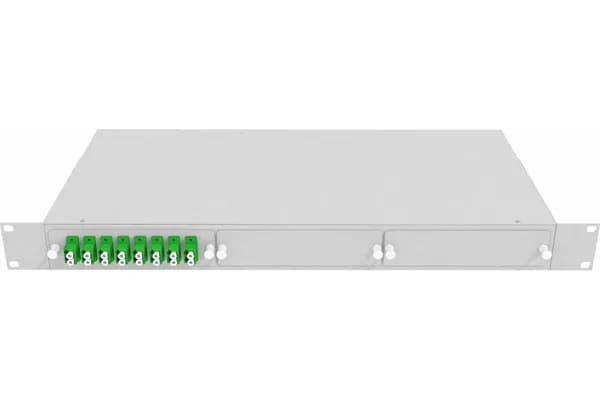 Кросс стоечный оптический VIMCOM 19'' укомплектованный 1U, 16 портов LC/APC, 9/125 мкм (планки, сплайс-кассета, пигтейлы, адаптеры, КДЗС), серый.