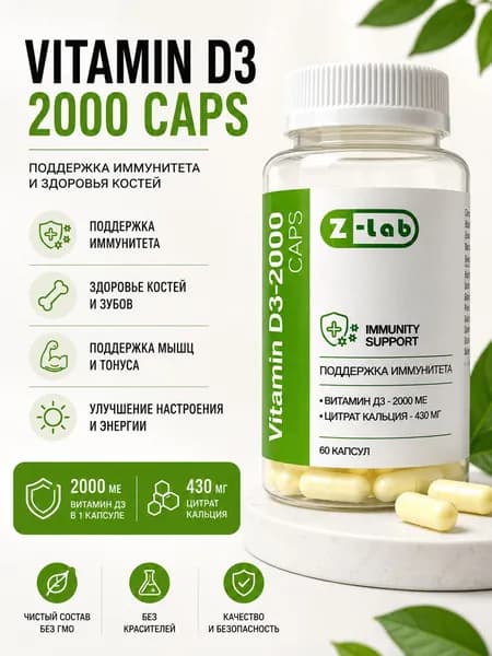Витамин Д3 2000МЕ Z-lab Vitamin D3-2000 caps, холекальциферол, кальций, 60 капсул, курс - на 2 месяца