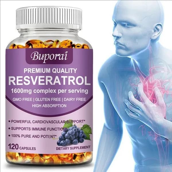 Биологически активная добавка Buporai Premium Resveratrol - комплекс ресвератрола 1600 мг - поддерживает здоровье сердечно-сосудистой системы и иммунную функцию.