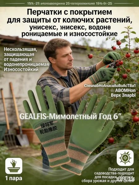 GEALFIS Перчатки садовые защитные от шипов и влаги с покрытием унисекс для роз и ежевики