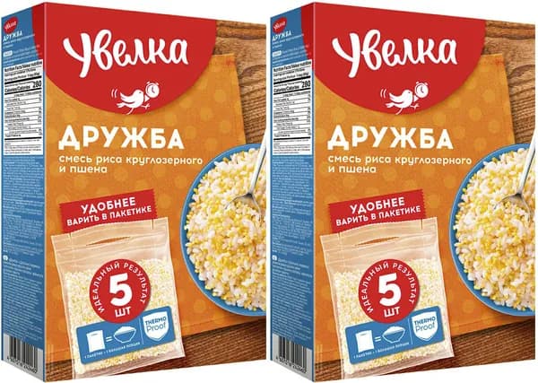 Смесь круп Увелка Дружба рис круглозерный и пшено в пакетиках для варки 5 шт х, комплект: 2 упаковки по 400 г