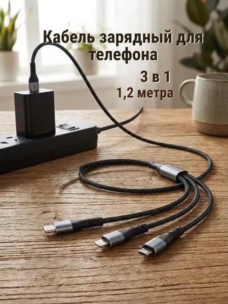 Кабель 3 в 1 для зарядки телефона Type-C черный/ Провод Type C быстрая зарядка/ Шнур для зарядки телефона micro USB.