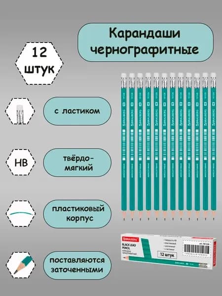 Карандаш чернографитный, 12 шт., "Grass", НВ, с резинкой, пластиковый, корпус зеленый