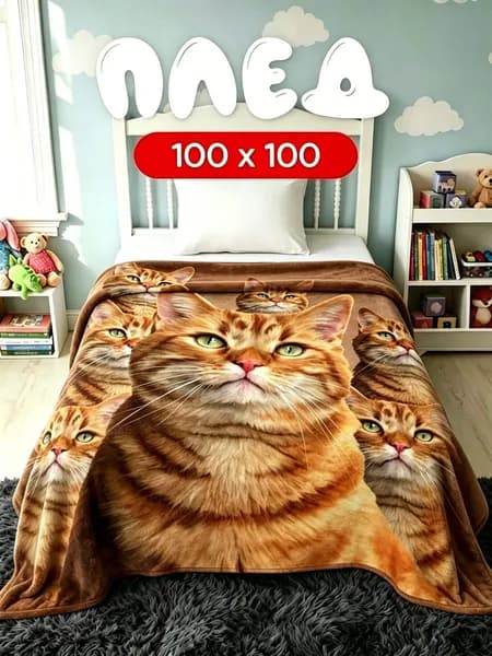 Плед плюшевый , Фланель, 100 см х 100 см