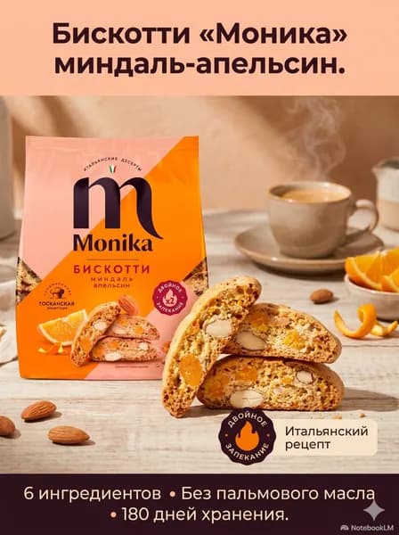 Итальянское печенье кантуччи с миндалём и апельсином Бискотти Моника, 200 г - без пальмового масла, хрустящие миндальные сухарики к чаю, кофе и десерту