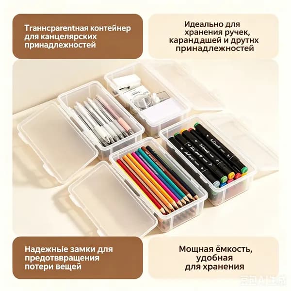Вместительный прозрачный ящик для карандашей, маркеров и творческих принадлежностей 19x9x6 см, фабричное производство, подходит для учеников, художников и офисных работников