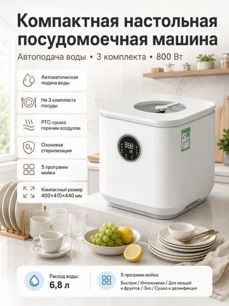 Посудомоечная машина Компактная настольная на 3 комплекта посуды, автоподача воды, озоновая стерилизация, РТС-сушка, 5 программ мойки, белый