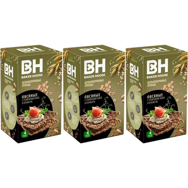 Хлебцы овсяные Baker House цельнозерновые лен-кунжут 180 г, набор: 3 штуки