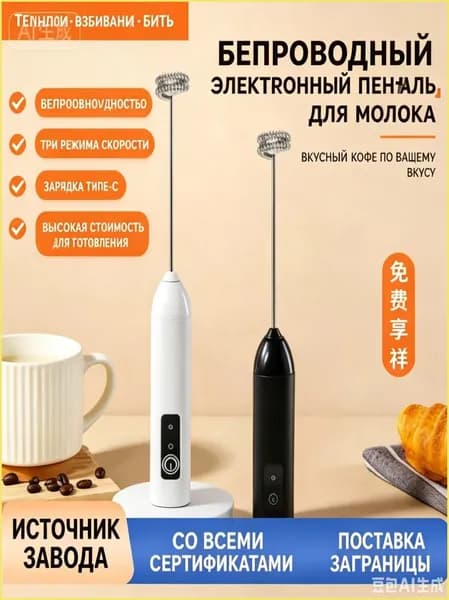 Капучинатор беспроводной электрический, вспениватель молока для кофе, миксер для напитков и матча с 3 скоростями