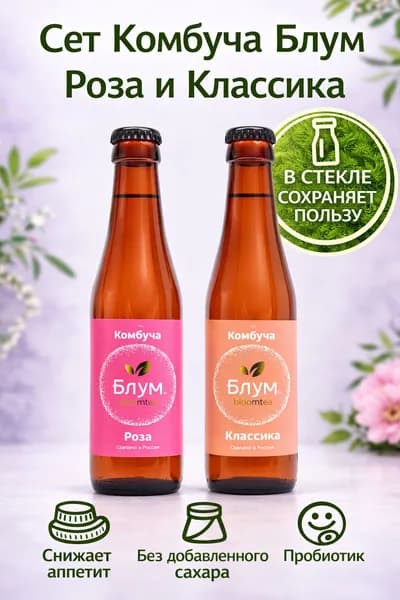 Газированный напиток BLOOMTEA Комбуча чайный гриб классика и роза, 2х330 мл