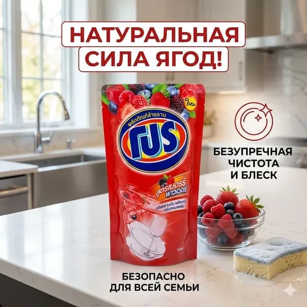 Средство для мытья посуды Lion PRO Berry Power ягодный аромат, мягкая упаковка запаска, Таиланд, 400 мл