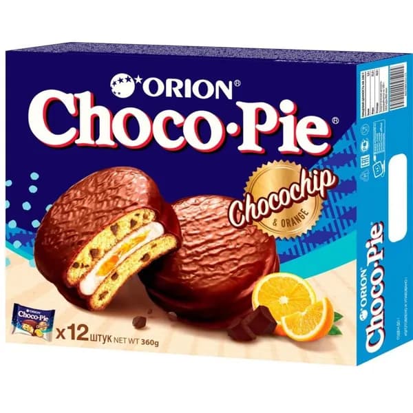 Пирожное Choco-Pie ChocoChip, c апельсиновым джемом и шоколадной крошкой, 360 г