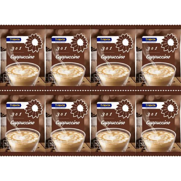 Кофейный напиток Лента Cappuccino 3 в 1 растворимый 180 г, набор: 8 штук