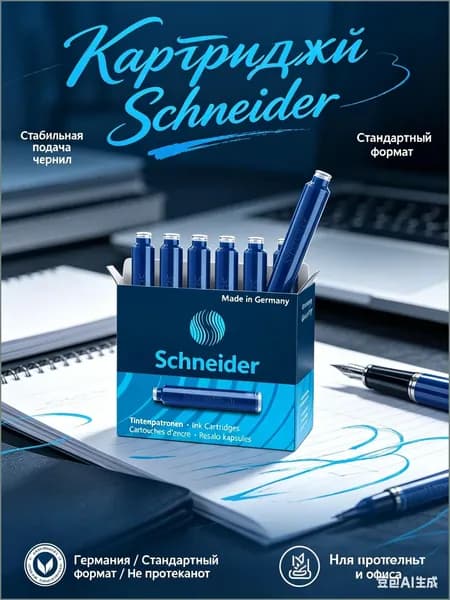 Картриджи чернильные Schneider, импортированные из Германии, синий, упаковка из 6 штук