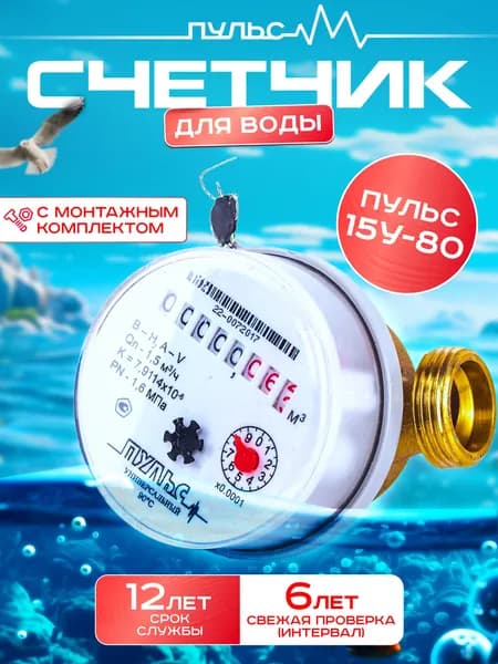 Счетчик воды Пульс-15У-80, универсальный, для холодной и горячей воды, с монтажным комплектом