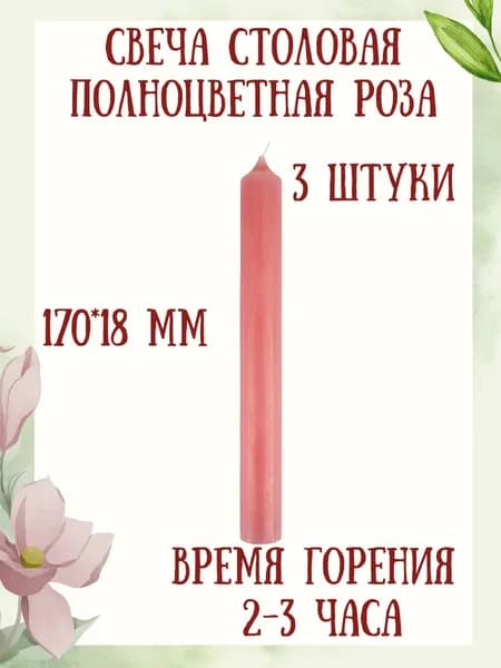 Свеча полноцветная Столовая "Пастель" 170х18 мм, цвет: роза, время горения 2-3 часа, 3 свечи