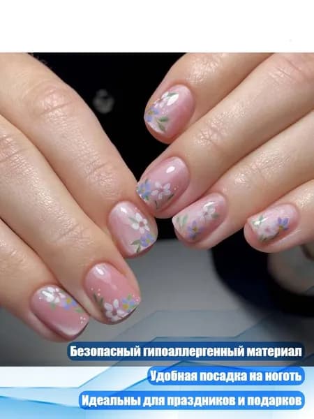 Квадратные накладные ногти с цветами