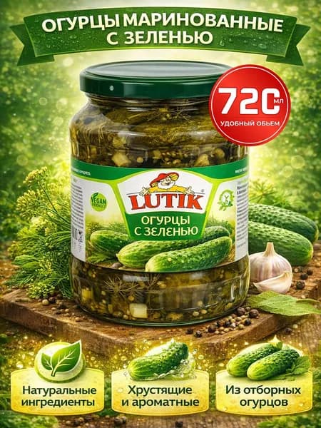 Огурцы маринованные хрустящие в банке с зеленью 720мл Lutik