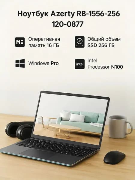 Azerty Ноутбук 15.6", Intel Processor N100, RAM 16 ГБ, SSD 256 ГБ, Intel UHD Graphics, Windows Pro, светло-серый, Русская раскладка