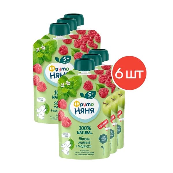 Пюре детское фруктовое ФрутоНяня из яблок, малины и мелиссы, 90 г 6 шт