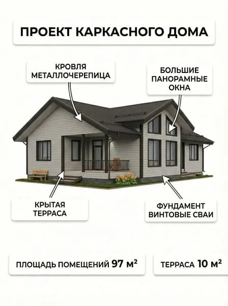 Проект одноэтажного каркасного дома 8,6х14 м.