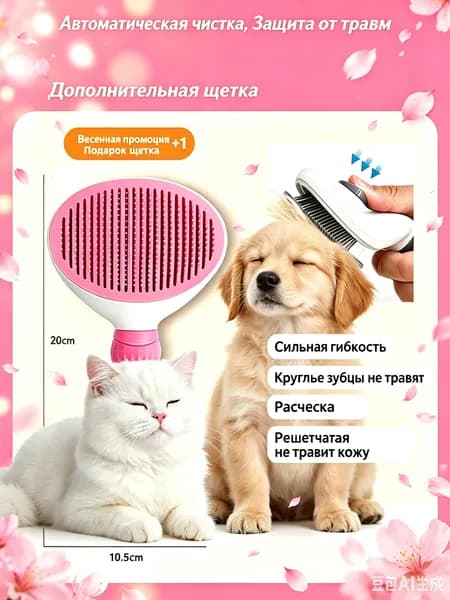 Расческа-пуходерка для кошек и собак, самоочищающаяся, мягкие зубчики, антискользящая ручка, для комфортного ухода за шерстью