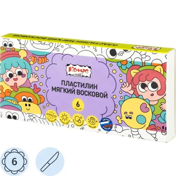 Пластилин мягкий восковой Комус Класс Миники 6 цв/наб, 90 г, со стеком 1947474