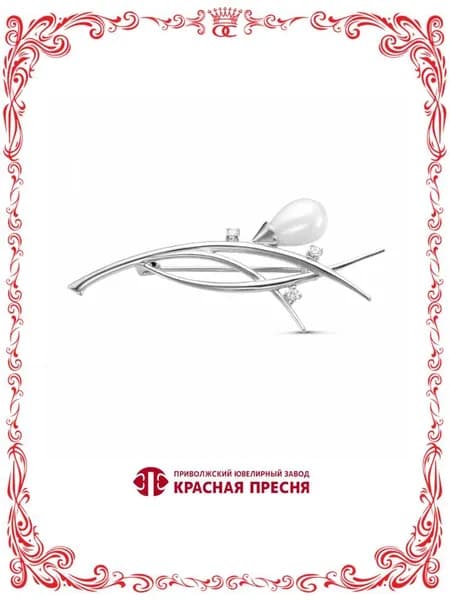 Брошь из серебра с жемчугом и фианитом Б1369828Д