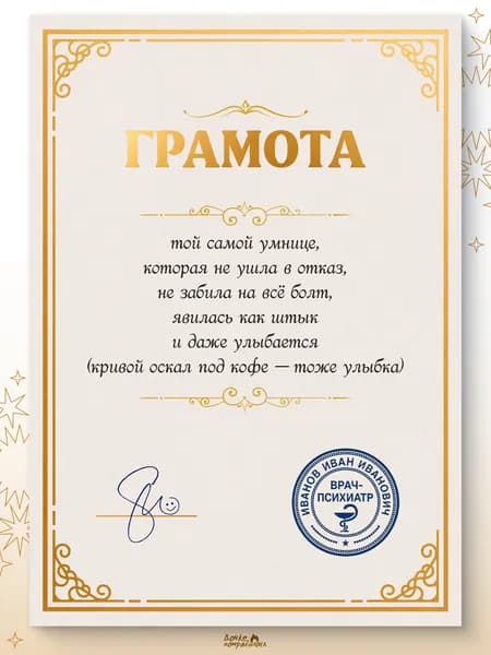 Грамота прикол коллеге женщине