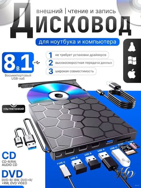 Внешний дисковод для ноутбука и компьютера для чтения и записи CD / DVD с USB 2.0, 3.0, Type-C