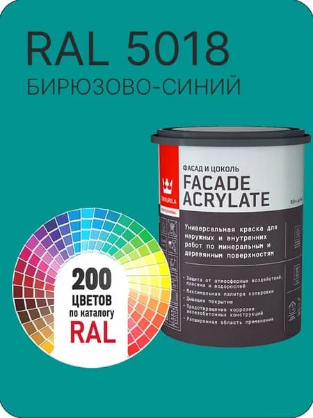 Tikkurila Facade Acrylate краска для фасадов и интерьеров цвет бирюзово-синий Ral 5018 0.9 л.