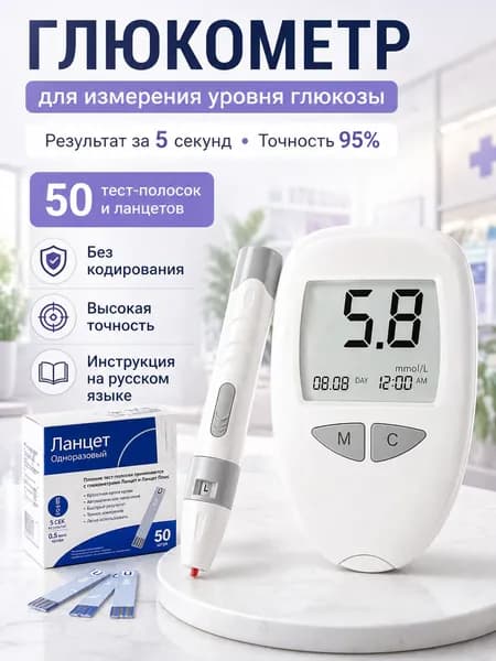 Глюкометр с тест-полосками 50 шт + ланцетами 50 шт позволяет быстро и точно измерять сахар в крови.