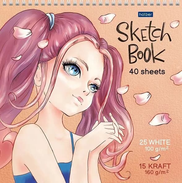 Скетчбук "Premium" Блокнот SketchBook 40л (15л. крафт 160г +25л белый офсет 100г) 240х240мм без линовки, жесткая подложка на гребне-Девочка-Мечта