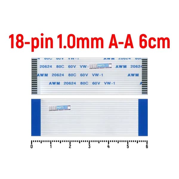 Шлейф FFC 18-pin Шаг 1.0mm Длина 6cm Прямой A-A AWM 20624 80C 60V VW-1