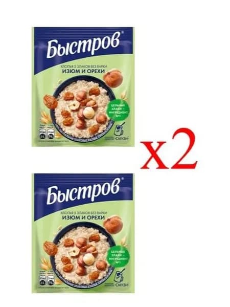 Быстров . Без варки. Хлопья 5 злаков, не требующие варки, с изюмом и орехами. 40г