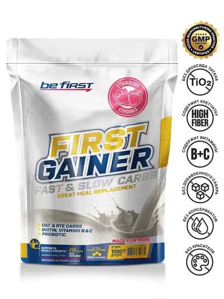 Гейнер для набора массы со злаками и витаминами Be First First Gainer Fast & Slow Carbs 1000 гр, клубника