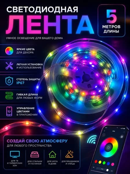 Светодиодная разноцветная RGB лента IP67 5 метров