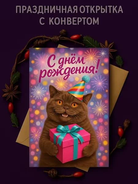 Открытка "С Днём рождения!" 1шт. Размер 10х15 в комплекте крафтовый конверт.