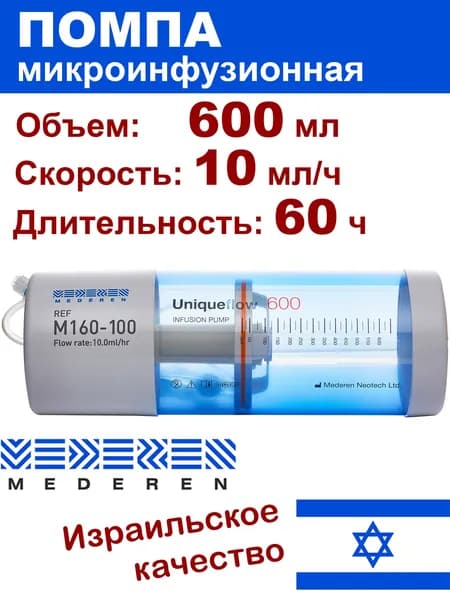 Микроинфузионная помпа Mederen 600 мл, 10 мл/час, шприцевая инфузионная помпа UniqueFLow стерильная одноразовая эластомерная без болюса для химиотерапии