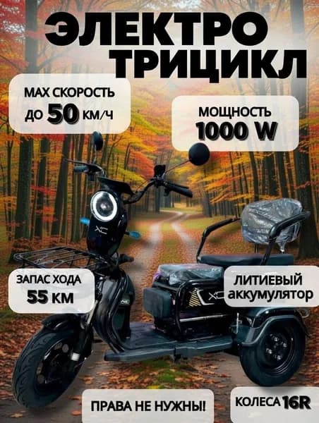 Электровелосипед трёхколёсный для взрослых с корзиной, до 50 км/ч