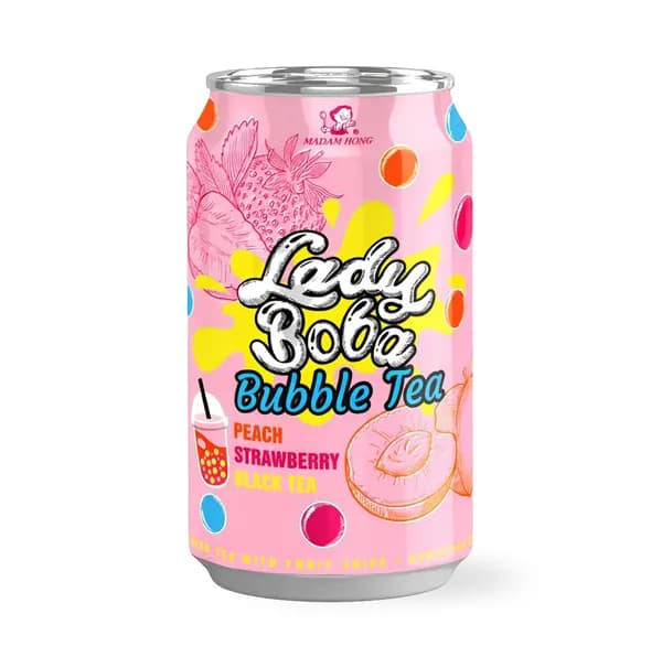 Напиток безалкогольный Bubble tea Lady Boba со вкусом персика и клубники, Madam Hong, 0.32 л, Тайвань (провинция Китая)