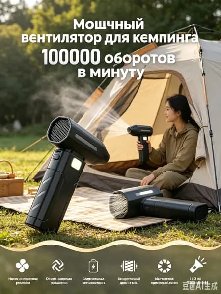 Фен для розжига углей с аккумулятором / воздуходувка для костра с встроенным фонариком / вентилятор для гриля и барбекю
